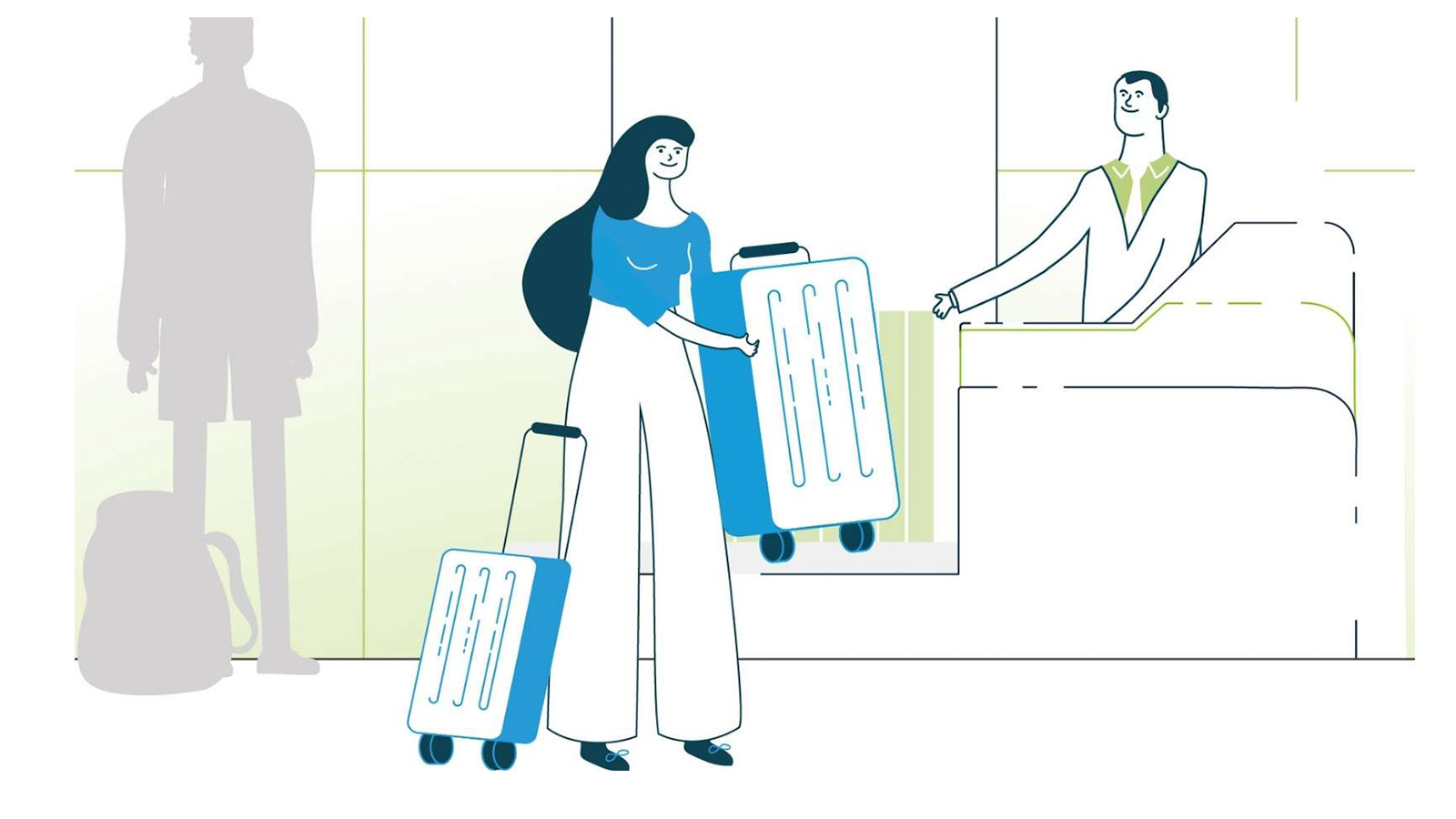 Ilustración de un hombre detrás de un mostrador de un aeropuerto atendiendo a una mujer con dos maletas