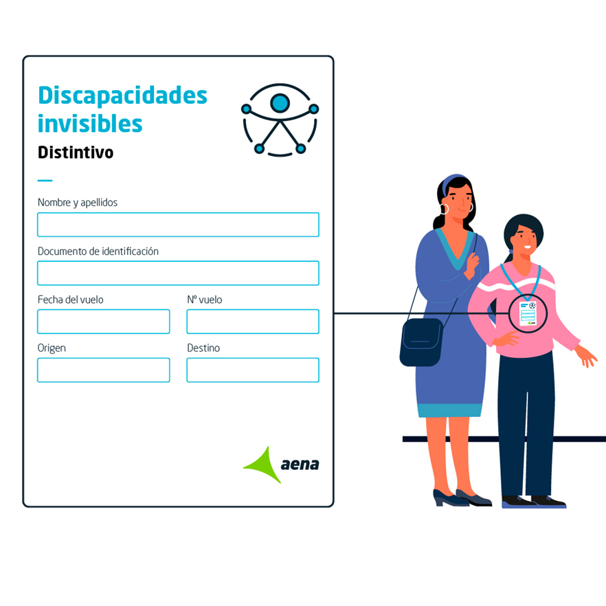 Imagen de dos personas en el aeropuerto con una identificación de Aena de discapacidad invisible con información.