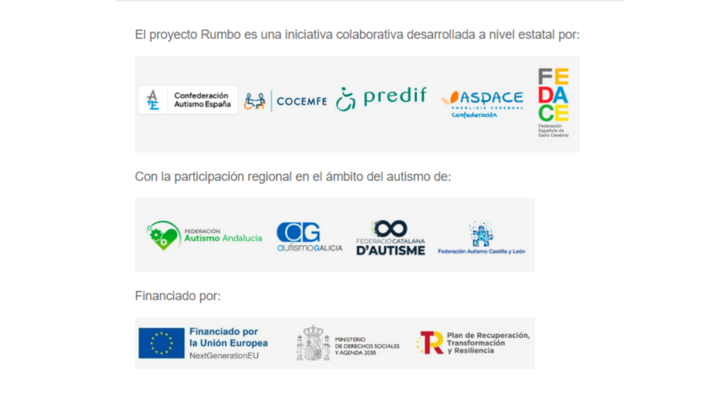 Logos de financiadores y entidades participantes a nivel estatal y autonómico desde el colectivo del autismo en el proyecto Rumbo, proyecto financiado con fondos europeos NextGeneration