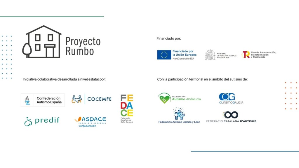 Logos del Proyecto rumbo en el ámbito del autismo, con los logos de los financiadores: fondos europeos, Ministerio de Derechos Sociales y Agenda 2030 y el Plan de Recuperación, Transformación y Resiliencia.