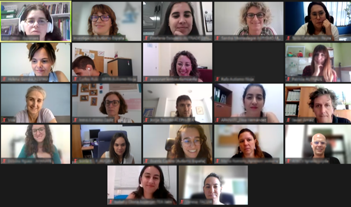 Captura de pantalla con las caras de las 17 personas participantes en la reunión