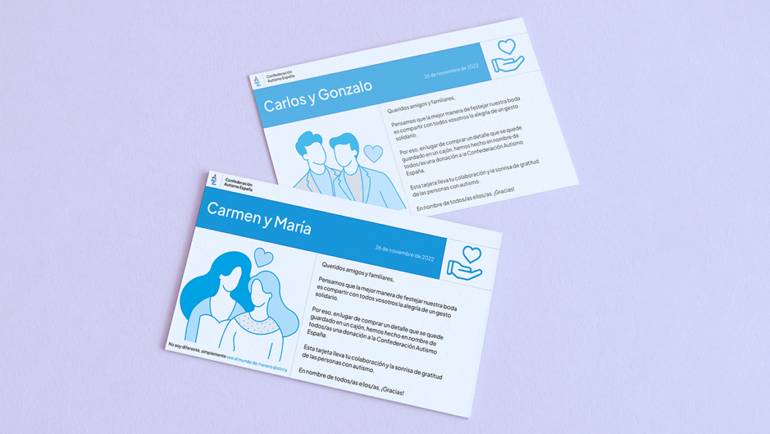 Dos tarjetas personalizadas de Autismo España para la celebración de una boda solidaria