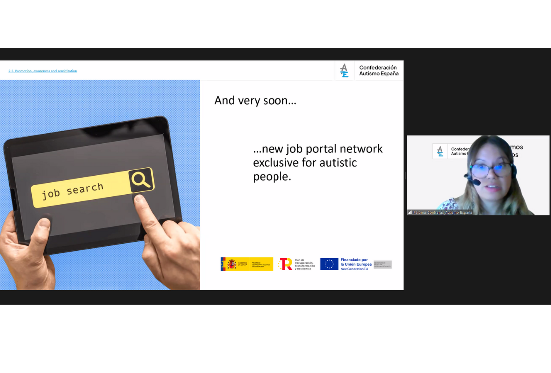 Imagen de la presentación del portal de empleo de Autismo España en un webinar de Autismo Europa