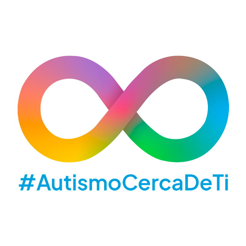 Infinito multicolor junto con el hashtag #AutismoCercaDeTi