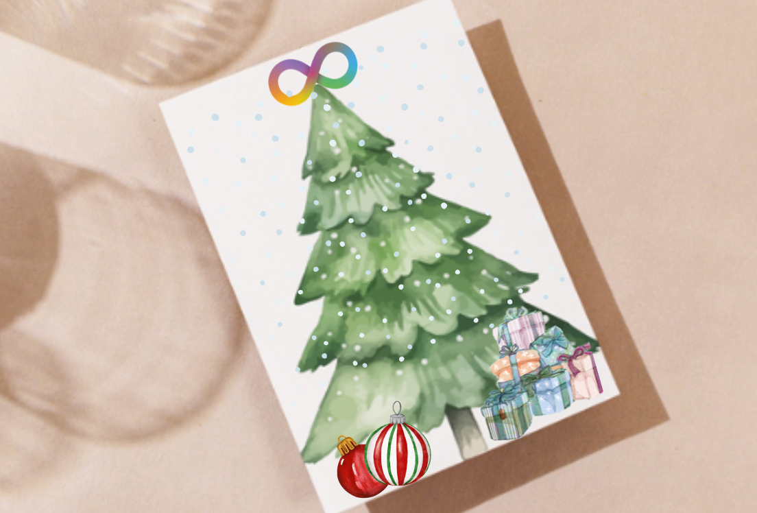 Una postal con un árbol de Navidad dibujado , sobre un fondo beige