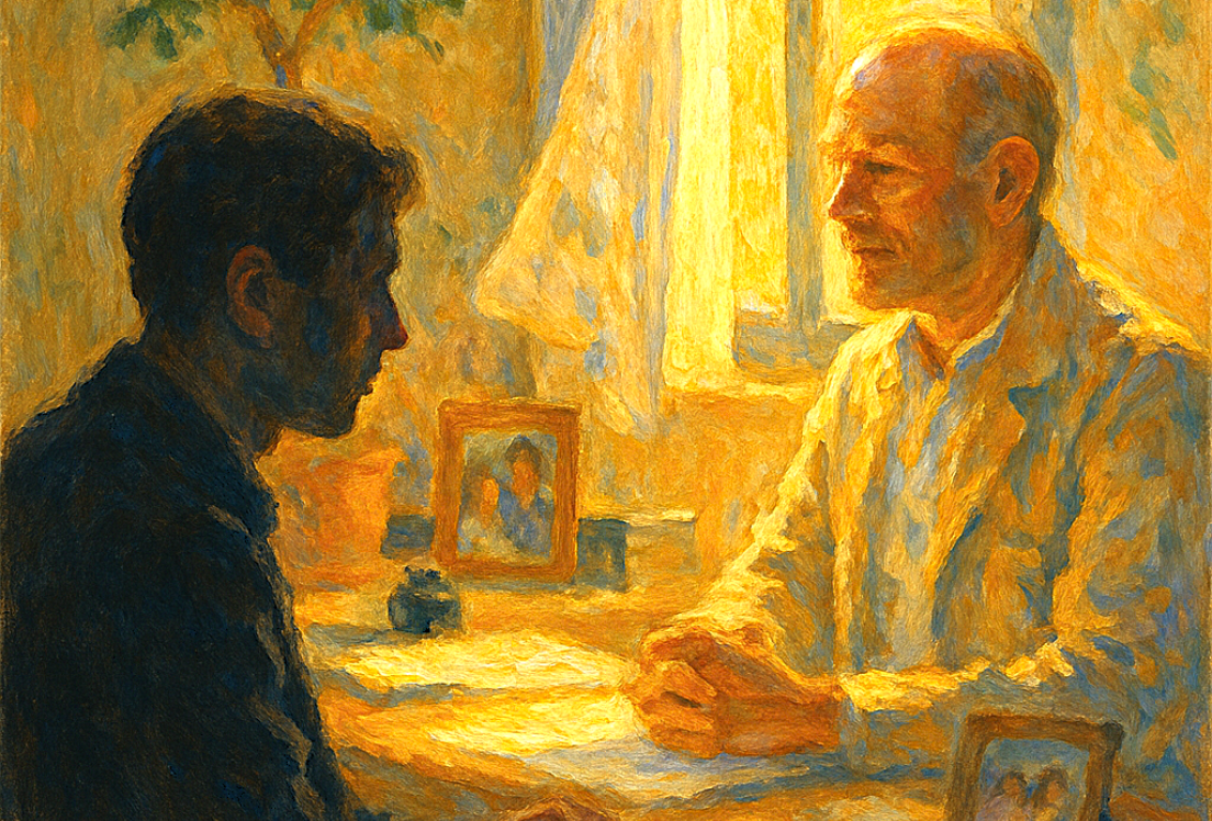 Dibujo de dos personas sentadas, mirándose.