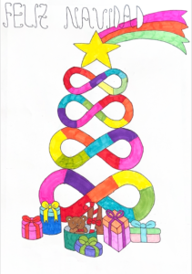 Árbol de Navidad dibujado con infinitos de colores. Debajo hay regalos y arriba una estrella