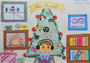Dibujo de un salón con un árbol de Navidad en el centro y, delante, un niño sentado en el suelo y llevando puestos unos auriculares