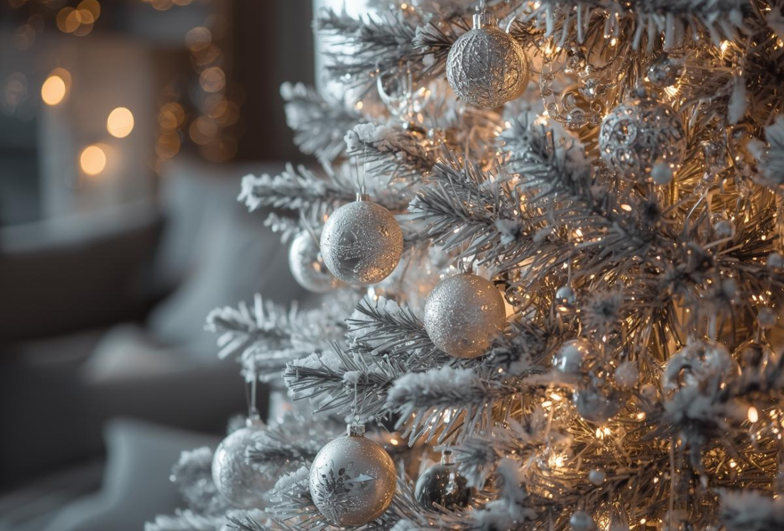 Imagen de un árbol de Navidad con bolas plateadas