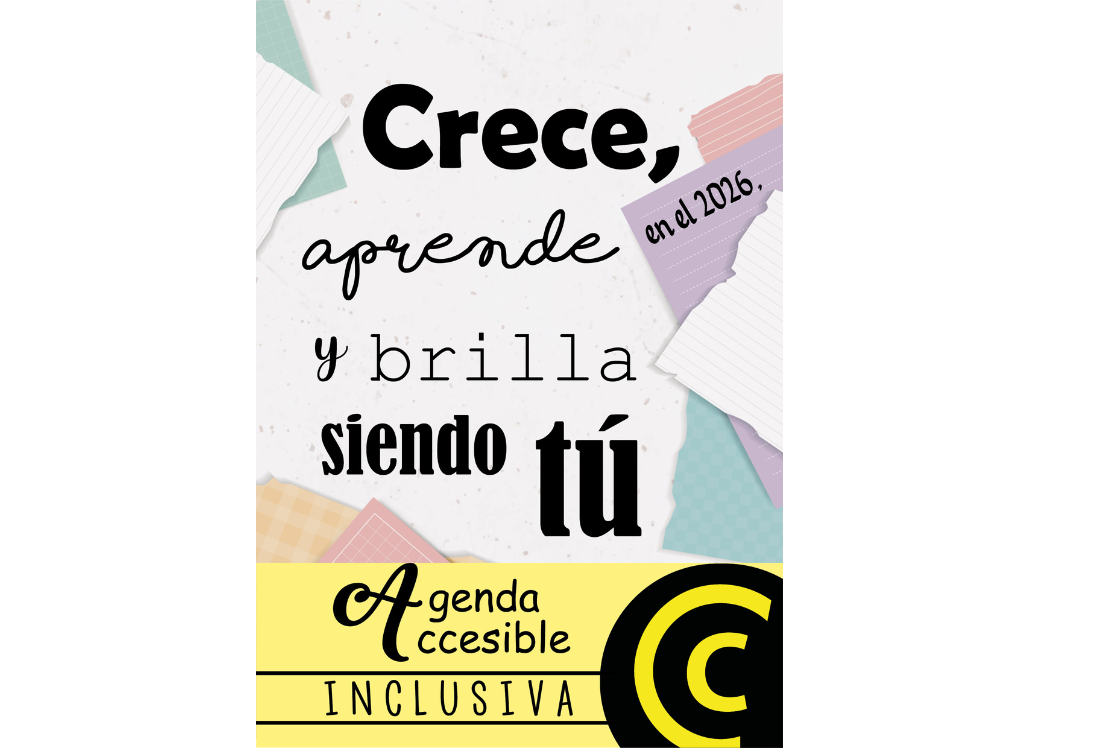Sobre un fondo de colores se lee el texto "Crece, aprende y brilla siendo tú. Agenda inclusiva"