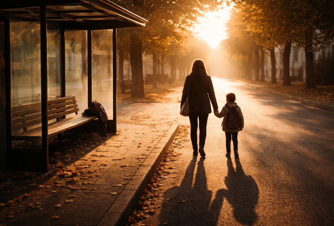 Imagen de una mujer y una niña, de espaldas, caminando de la mano por la calle frente a una parada de autobús