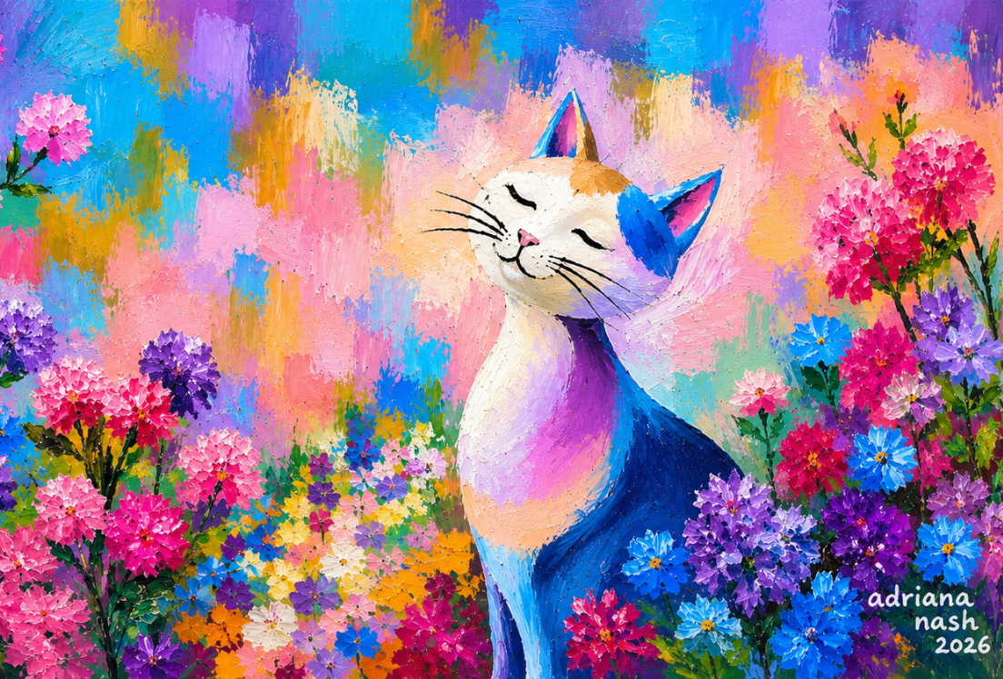 Pintura colorida de un gato entre flores