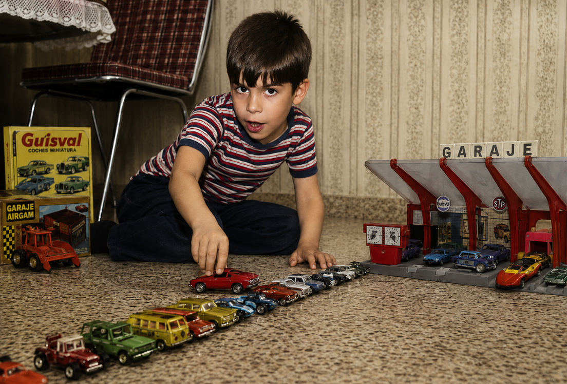 Niño jugando con coches en el suelo de su casa