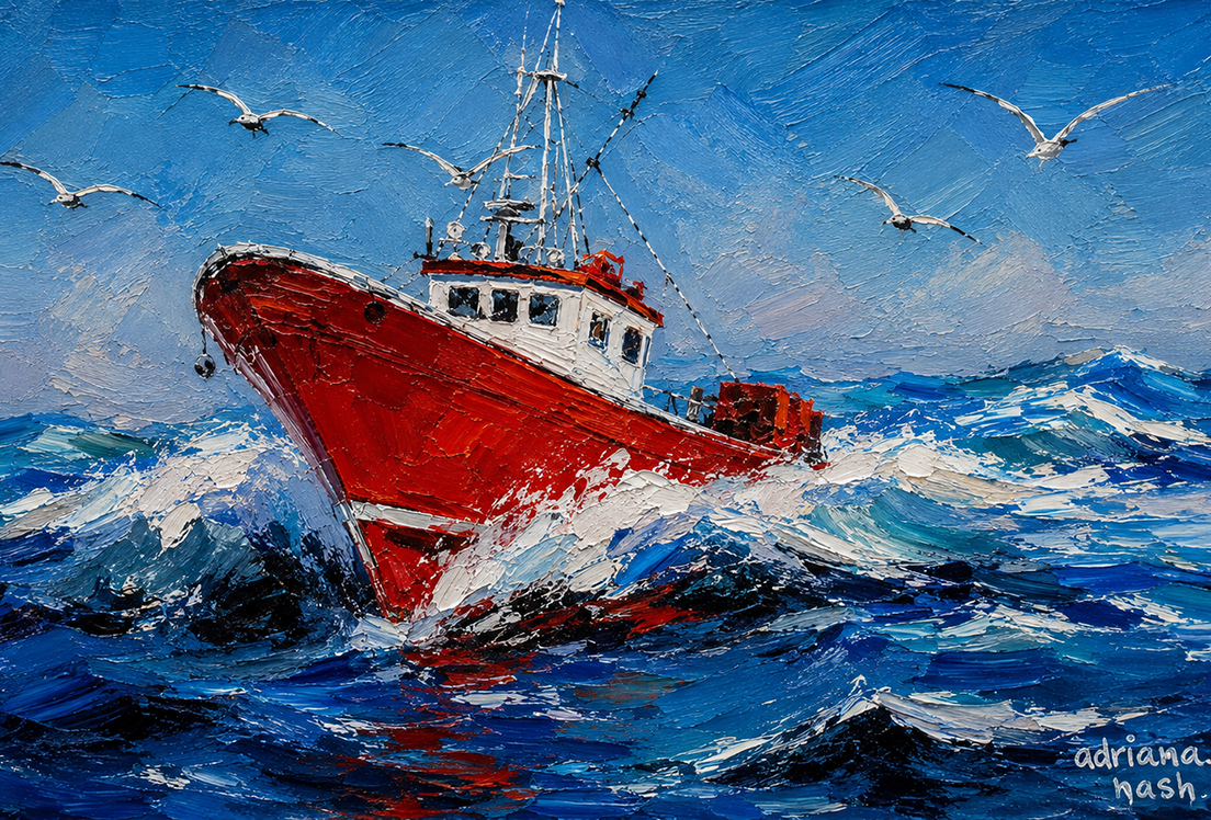 Un cuadro en el que hay un barco navegando por un mar con olas