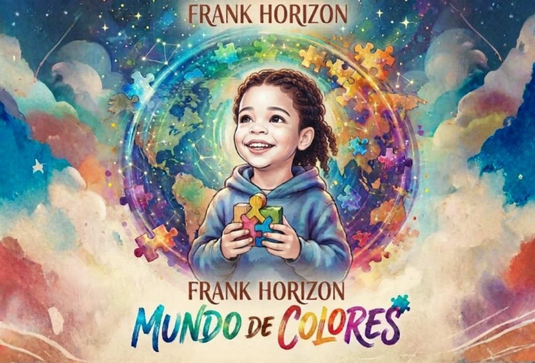Ilustración de una niña sonriente que sostiene una pieza de puzle de colores, rodeada de estrellas y más piezas de puzle. Texto: “Frank Horizon. Mundo de colores”.
