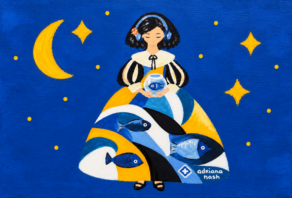 Dibujo de una menina con auriculares sosteniendo una pecera y con falda con un diseño de peces