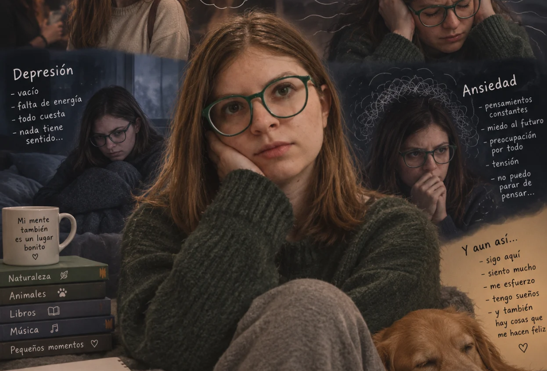Una joven con gafas y jersey aparece en primer plano, acompañada de escenas que representan la depresión y la ansiedad. A su lado, un perro descansa junto a libros y una taza con el mensaje «Mi mente también es un lugar bonito»